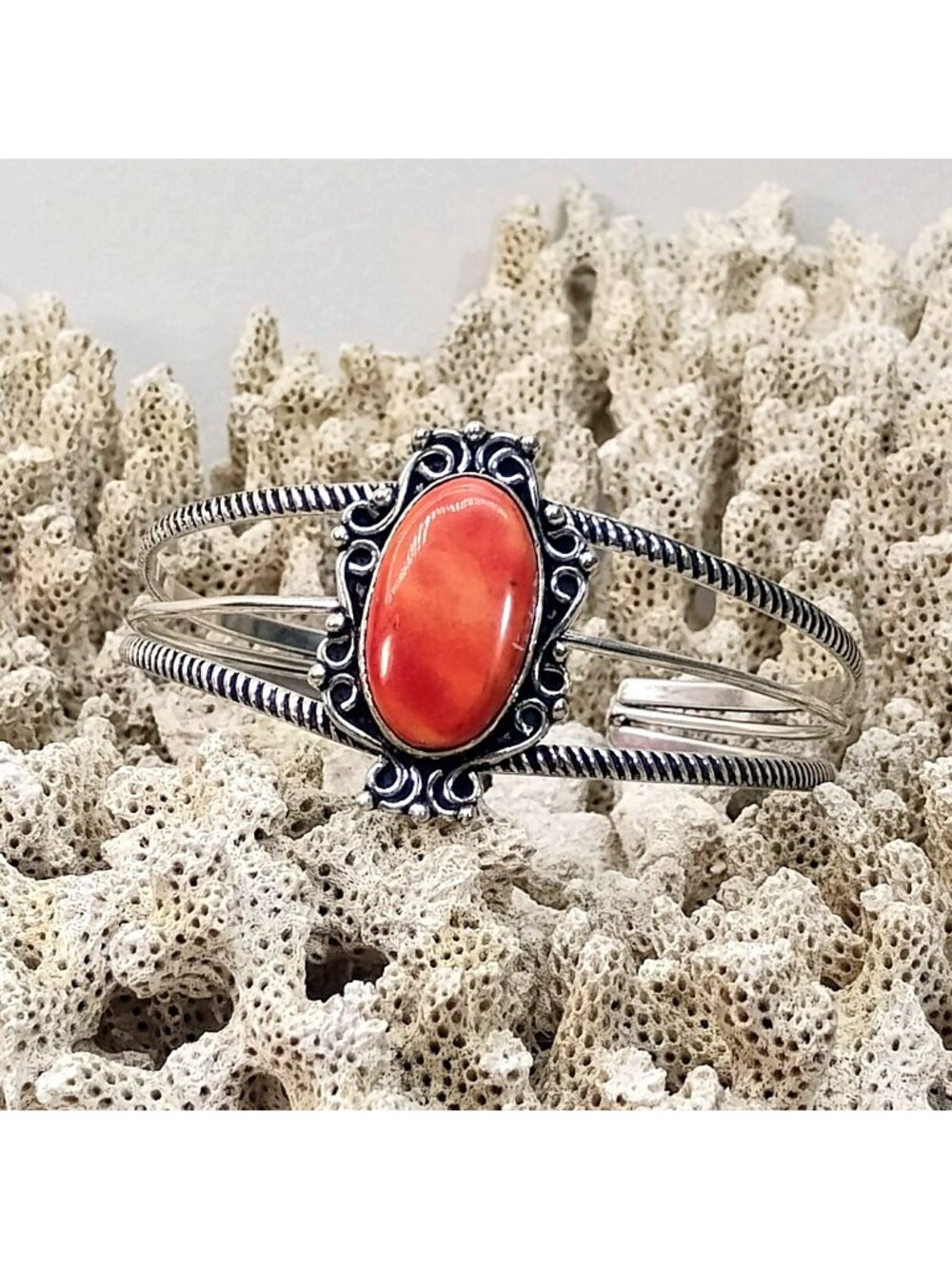 Southwestern Style Orange Spiny Oyster Silver Cuff Bracelet